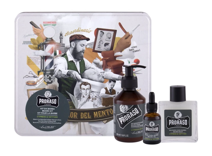 Zestaw PRORASO Cypress & Vetyver Beard Wash Szampon do włosów 200ml + balsam do brody 100ml + olejek do brody 30ml