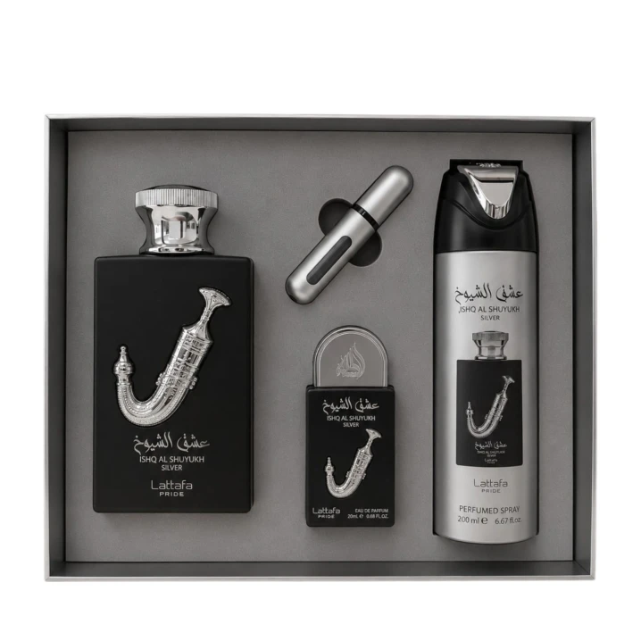 Zestaw Lattafa Ishq Al Shuyukh Silver Woda Perfumowana 100ml + Woda Perfumowana 20ml + Deodorant 200ml