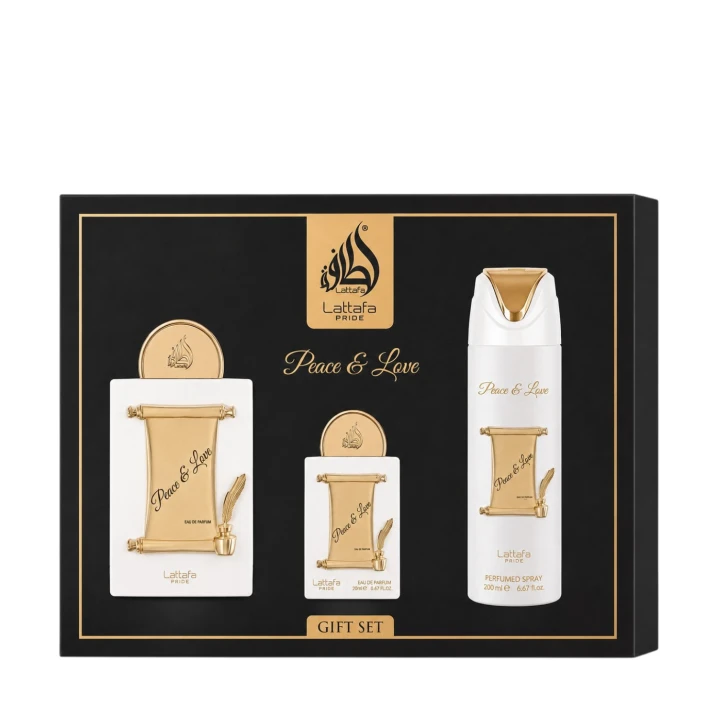 Zestaw Lattafa Peace & Love Woda Perfumowana 100ml + Woda Perfumowana 20ml + Deodorant 200ml