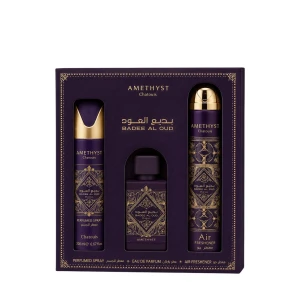 Zestaw Lattafa Bade'e Al Oud Amethyst Woda perfumowana 100ml + Dezodorant spray 200ml + Odświeżacz powietrza 300ml