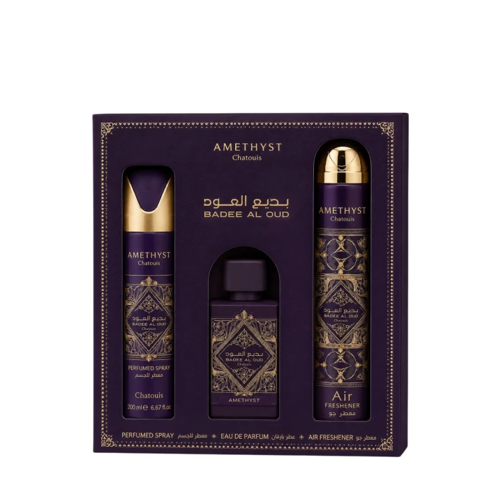 Zestaw Lattafa Bade'e Al Oud Amethyst Woda perfumowana 100ml + Dezodorant spray 200ml + Odświeżacz powietrza 300ml