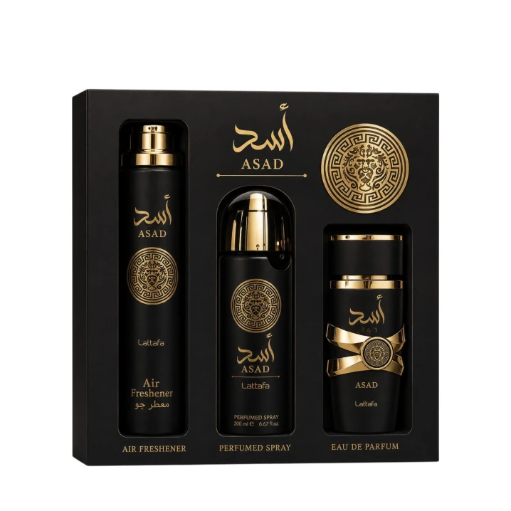 Zestaw Lattafa Asad Woda perfumowana 100ml + Dezodorant 200ml +  spray do pomieszczeń 300ml